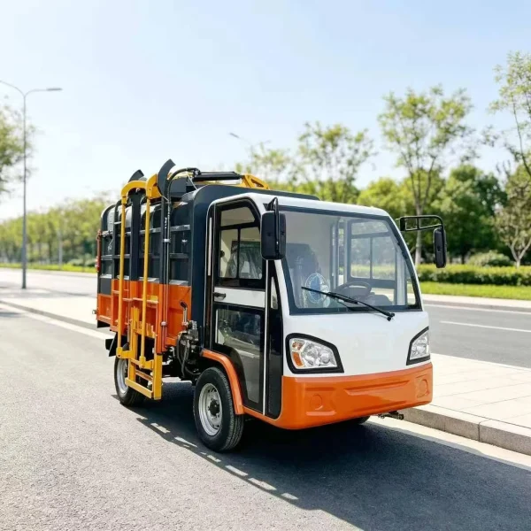 Mẫu xe thu gom rác bốn bánh với cơ cấu nâng thùng bên hông, góc nhìn phía trước. Ảnh do MINGMA cung cấp.